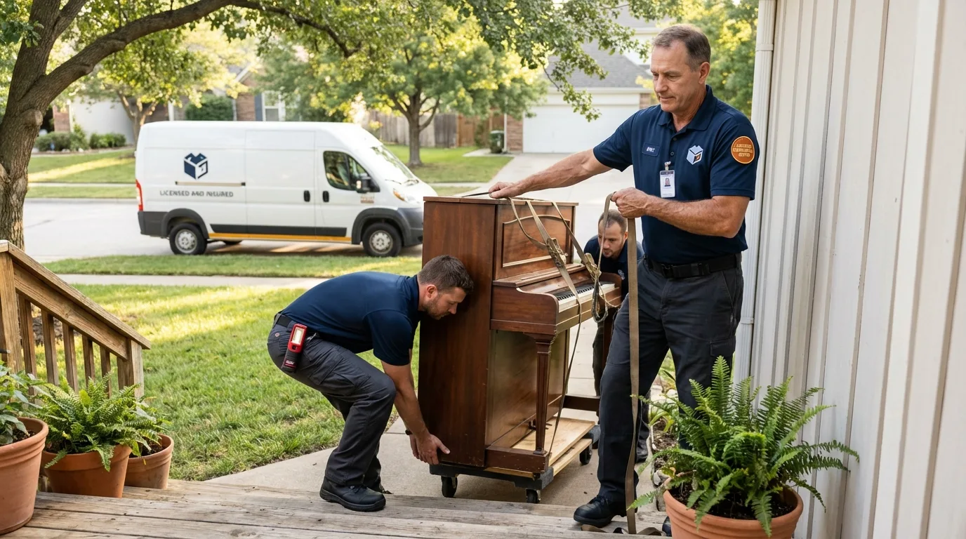 Licensed piano movers securing grand piano in Aberdeen, MS